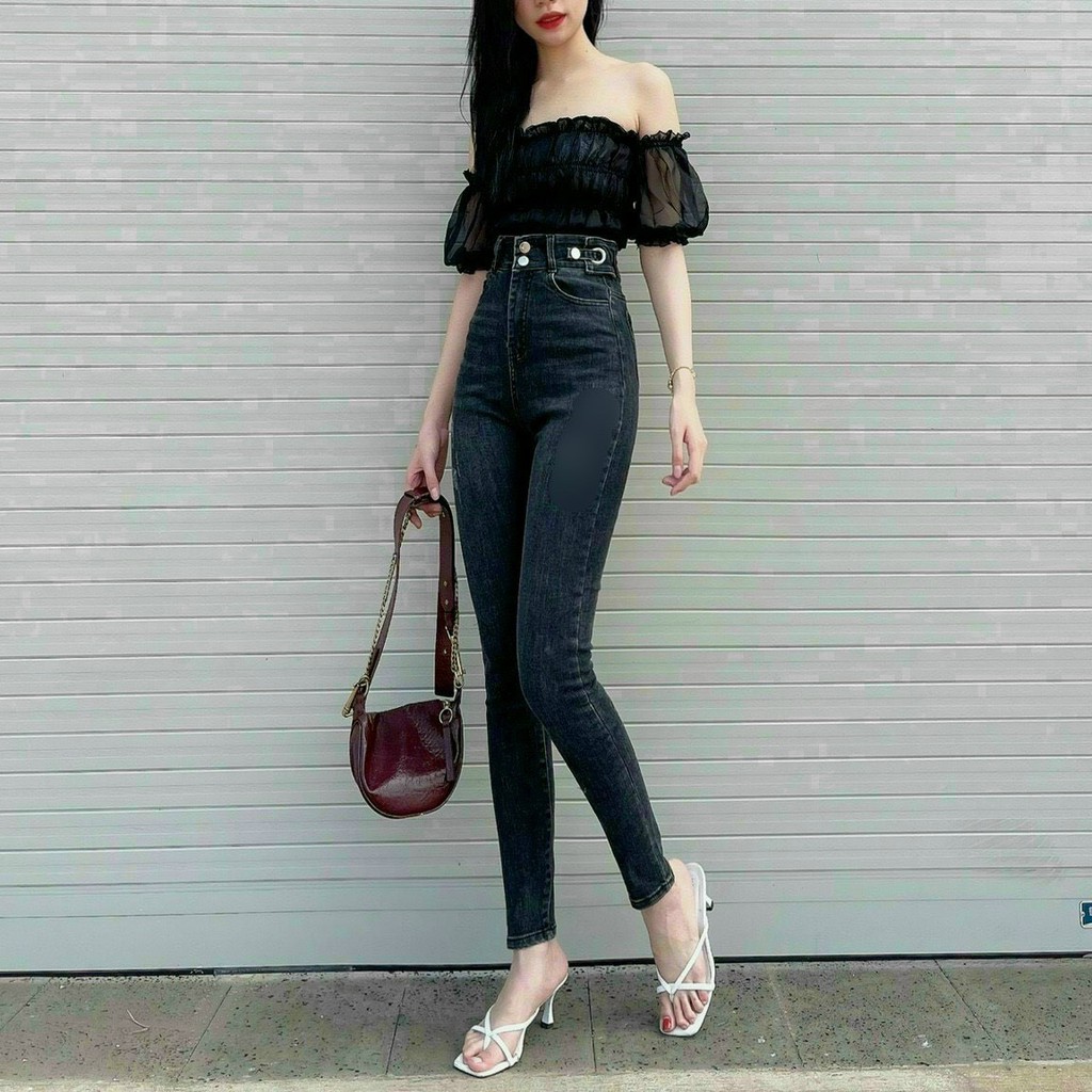 Quần jean 2 nút khoen đai body trơn cực xinh , chất jean dày dặn co giãn đủ size