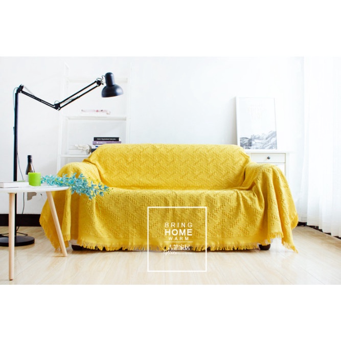 Chăn thảm phủ ghế sofa đan len tua rua màu vàng phong cách Bắc Âu / Bohemian