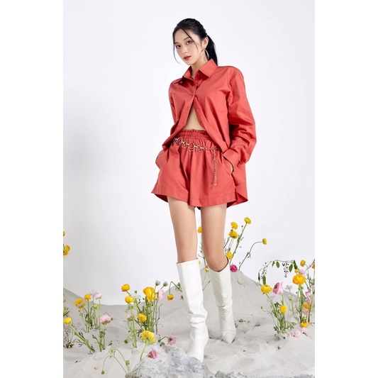 LALLA - Set basic gồm áo sơ mi và quần short lưng chun oversize nữ