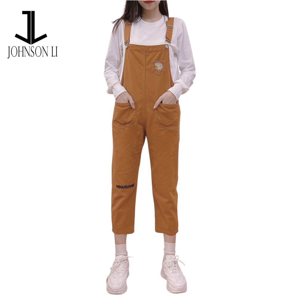 Yếm kaki jeans dài JL JohnsonLi   thêu hoa cúc phong cách trẻ trung hàn quốc LBH01, 2 màu