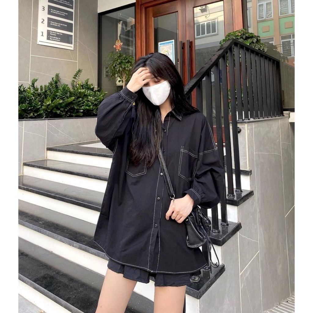 Áo sơ mi trơn chỉ nổi - Áo dài tay có cổ unisex Daski