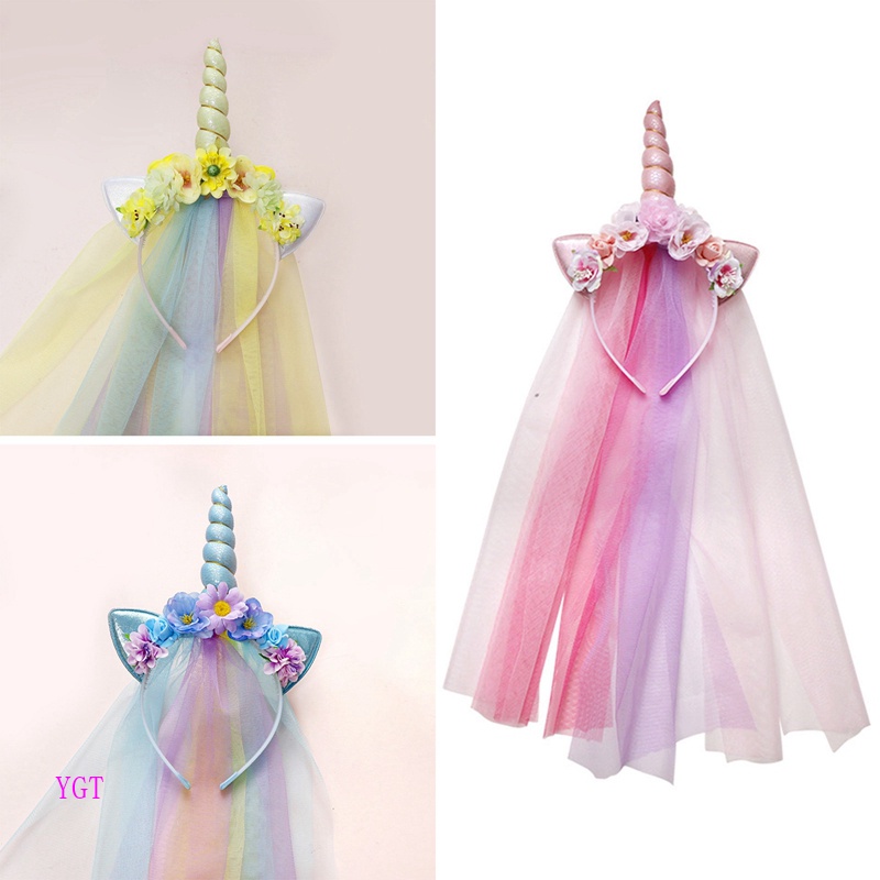Ygt Băng Đô Cài Tóc Hình Sừng Kỳ Lân Đính Hoa Handmade Dễ Thương Cho Bé Gái