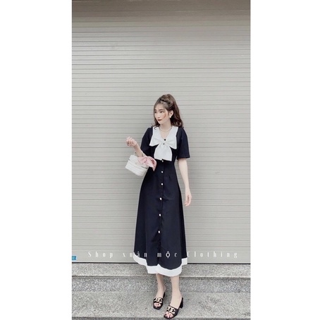 ✔ 𝗙𝗥𝗘𝗘 𝗦𝗛𝗜𝗣  Váy Đen Cổ Nơ Trắng Chất Chéo Thái Dầy Dặn Mặc Đi Đám Cưới , Ăn Tiệc Thì Hết Ý Ạ