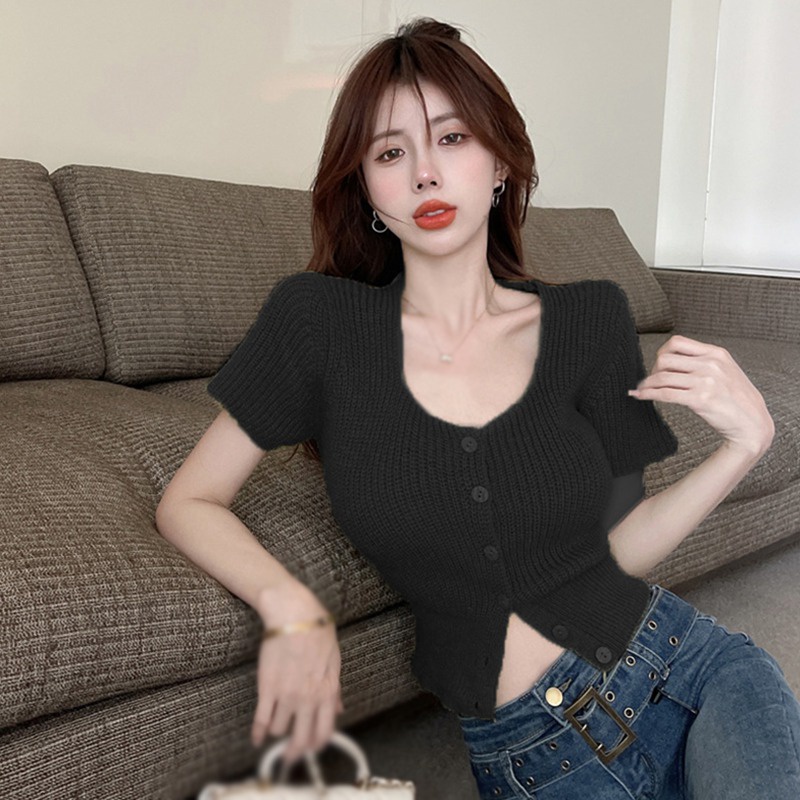 Áo Thun Dệt Kim Ngắn Tay Màu Sắc Đơn Giản Phong Cách Hàn Quốc