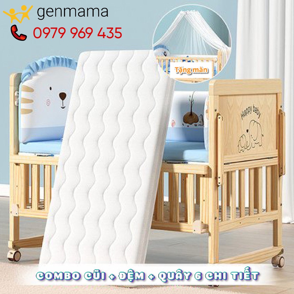 Nôi cũi gỗ thông minh 2 tầng 6 chế độ đa năng trọn bộ (combo cũi + quây + đệm + tặng màn + kèm gối) GENMAMA, cũi nôi gỗ