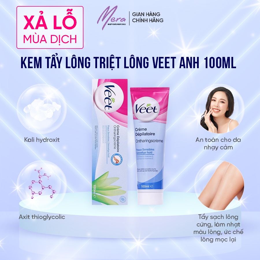 Kem tẩy lông triệt lông Veet Anh xanh dương 100ml tẩy lông nách, tay, chân hiệu quả