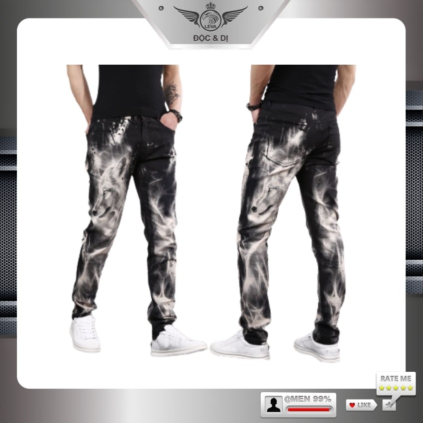 Quần jean nam cao cấp đẹp độc lạ LEVAMEN chất liệu vải bò jeans co giãn dáng thường hình chó sói QJ018 | BigBuy360 - bigbuy360.vn