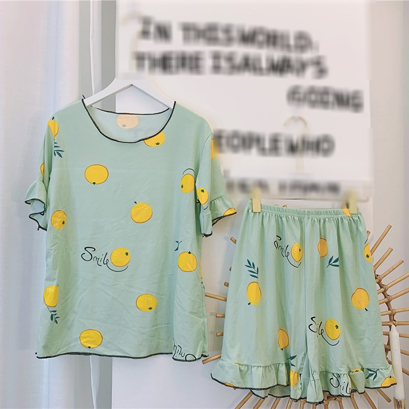Set Đồ Ngủ Áo Thun Tay Ngắn Cổ Tròn + Quần Short Cho Nữ