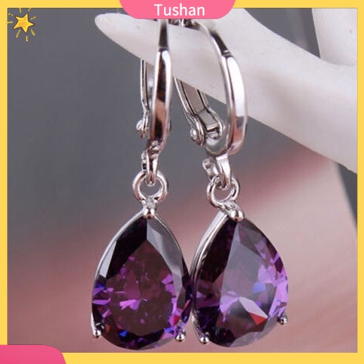 Khuyên tai nữ hình giọt nước đính đá tím sang trọng