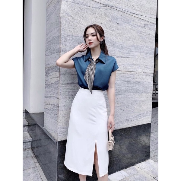 Áo sơmi lụa satin 3 màu tặng kèm khăn