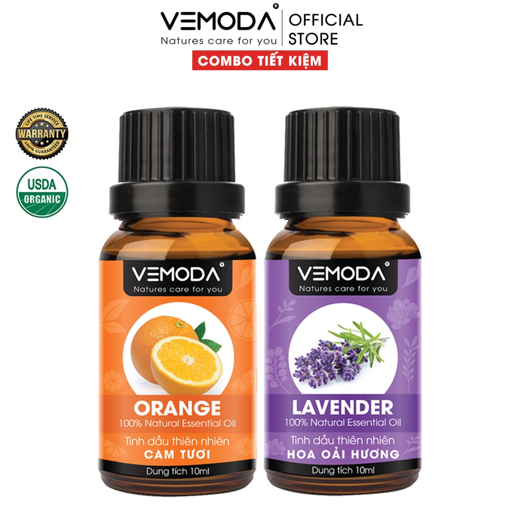 Tinh dầu xông phòng cao cấp Vemoda gồm: tinh dầu oải hương, tinh dầu cam tươi giúp kháng khuẩn, khử mùi, thơm phòng