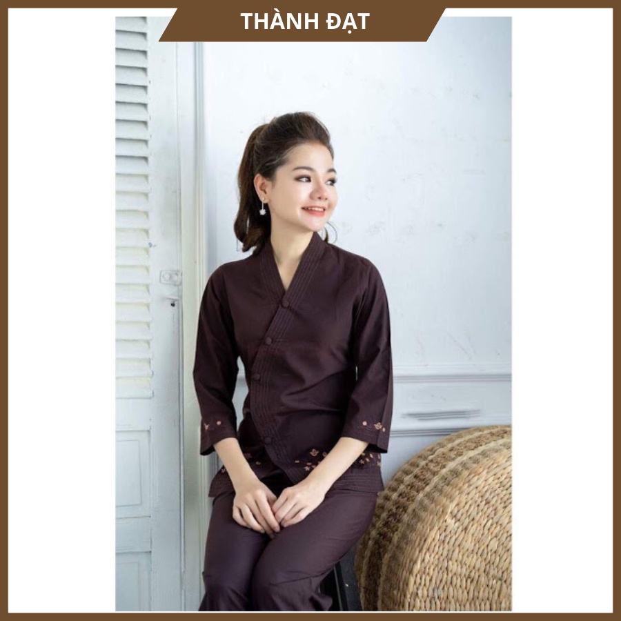Bộ đi chùa Vạt Chéo Thêu Gấu Hàng Loại 1 Chất Vải Kate Mịn Đẹp, Dày Dặn Thoáng Mát Mặc Cực Thoải Mái Kín Đáo khi đi lễ