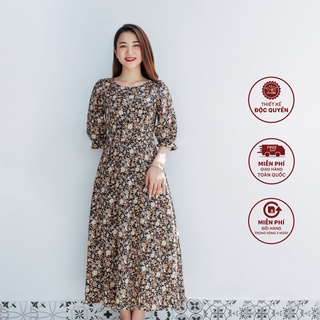 Maxi đen hoa nâu cổ tròn tay lỡ TTV1088