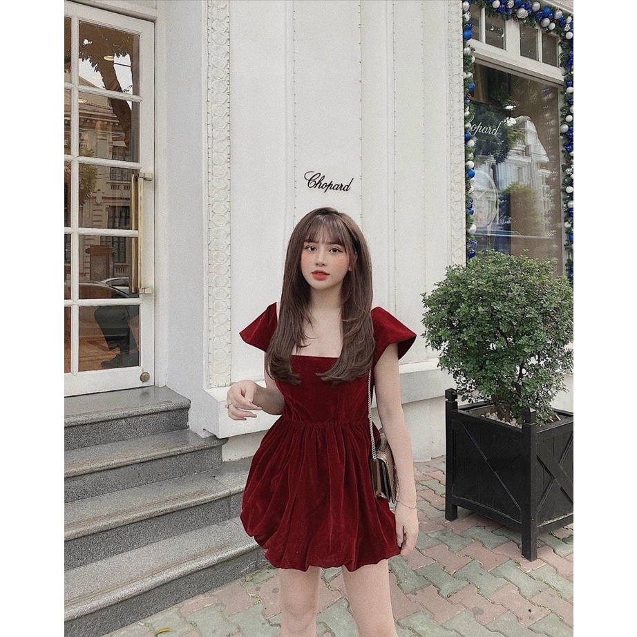 Đầm nữ tết vải nhung màu đỏ đô cực sang chảnh vải may loại tốt | BigBuy360 - bigbuy360.vn