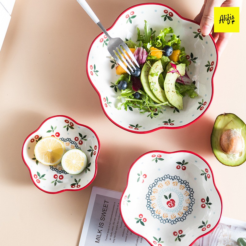 Đĩa sứ decor, tô salad trang trí họa tiết Cherry hình tròn, cách điệu cánh hoa, trái tim Alifis