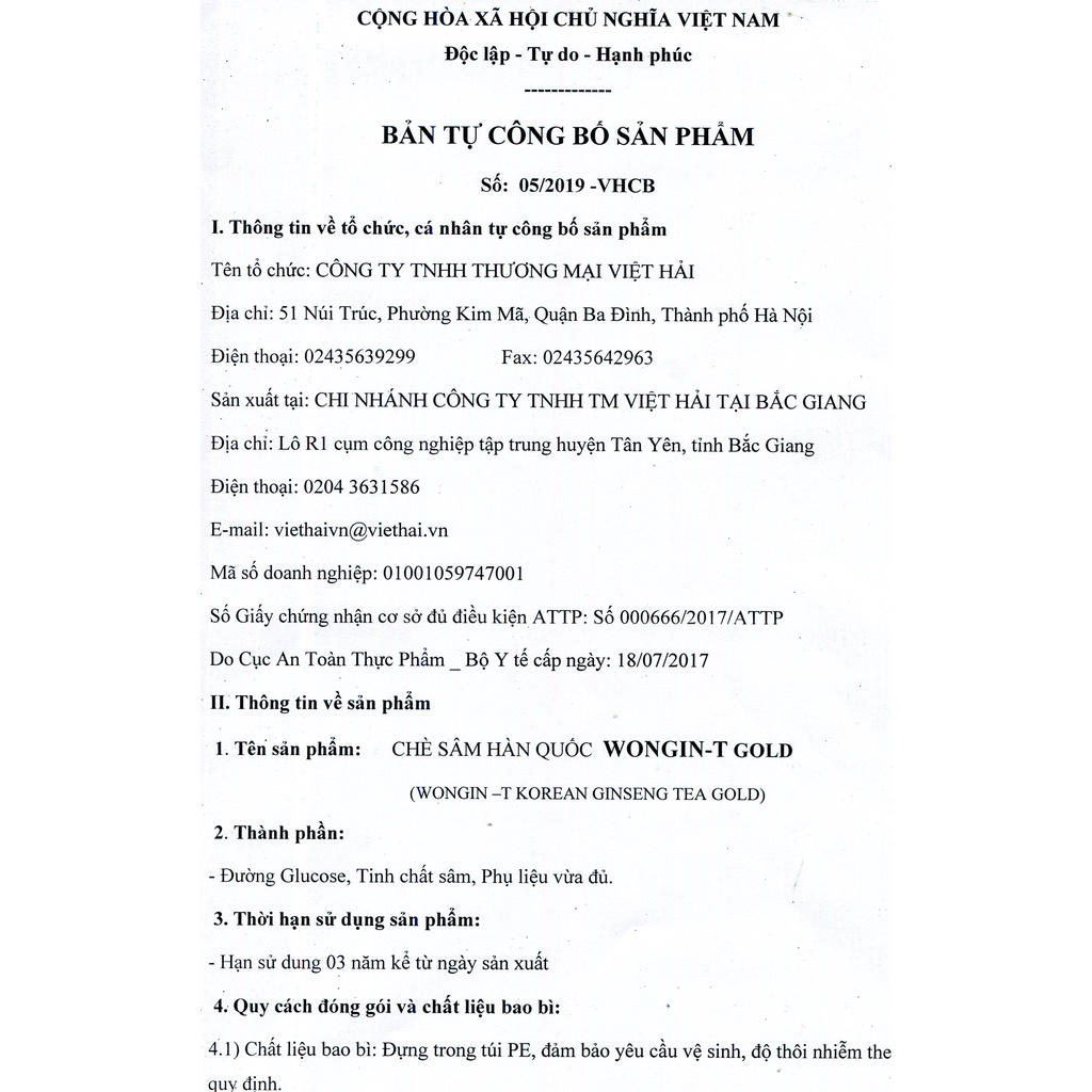 Chè sâm WONGIN-T Chất lượng vàng