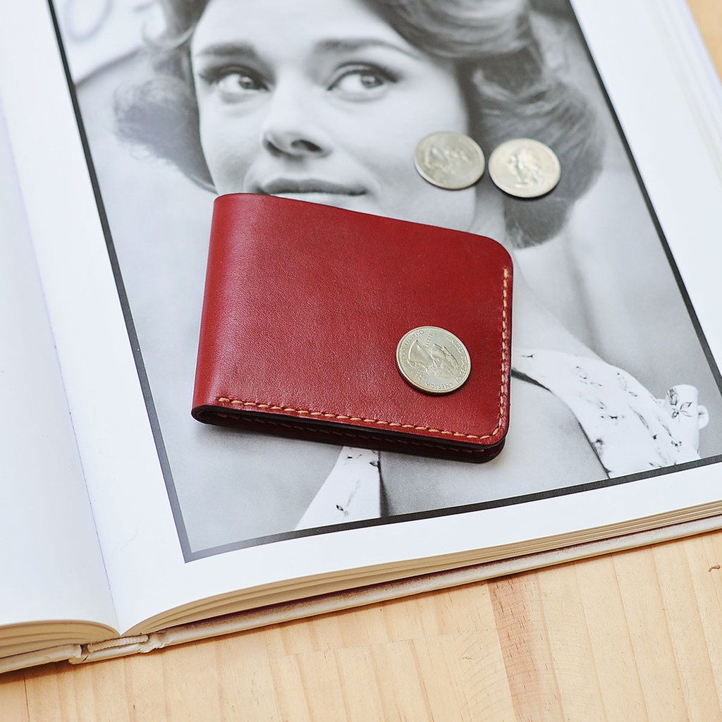 Ví mini handmade da bò nhập khẩu mầu đỏ đô Mino Crafts VI00803