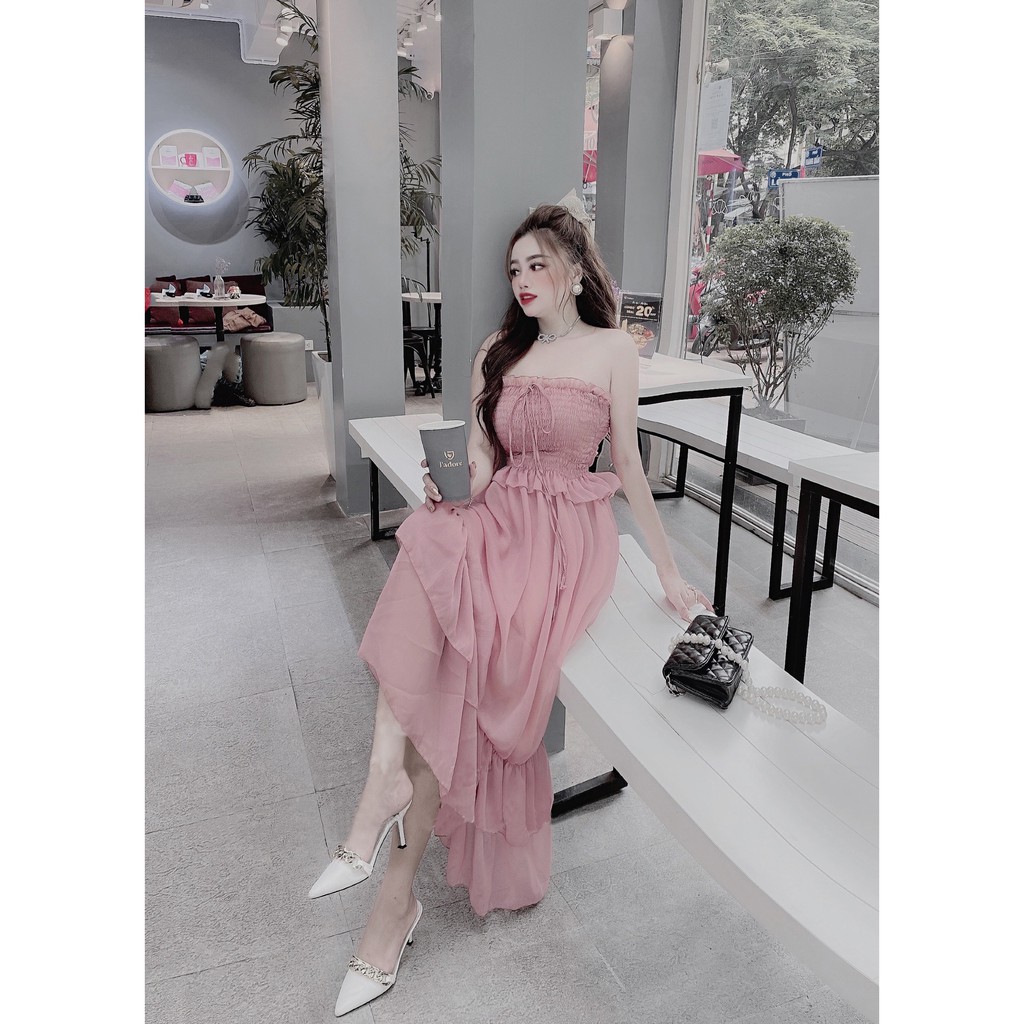 Đầm Maxi Dáng Xòe, Ngực Nhún Bèo Thắt Nơ, Bo Eo Và Đuôi Xòe Bèo 2 Tầng (ETO004) - Vải Tơ - 2 Màu Hồng, Nâu - Mặc Đi Tiệc | BigBuy360 - bigbuy360.vn