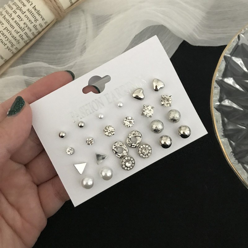 Set 12 đôi bông tai không trùng nhau có đính đá kim cương phong cách Nhật Bản Hàn Quốc dành cho nữ đeo một tuần