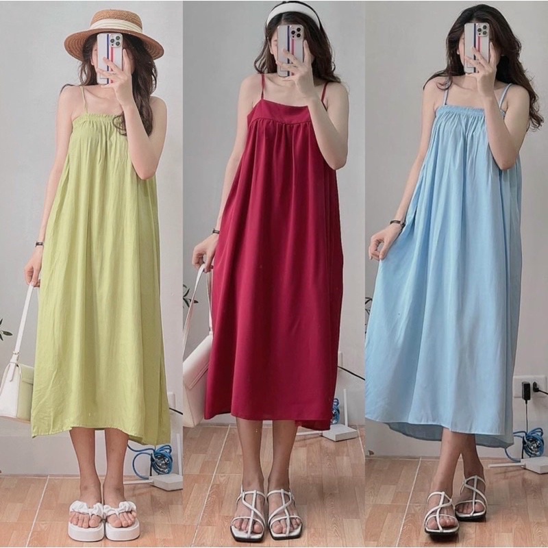 [Ảnh thật/Video] Váy hai dây đũi lụa nhún ngực dáng babydoll nhiều màu phong cách ulzzang