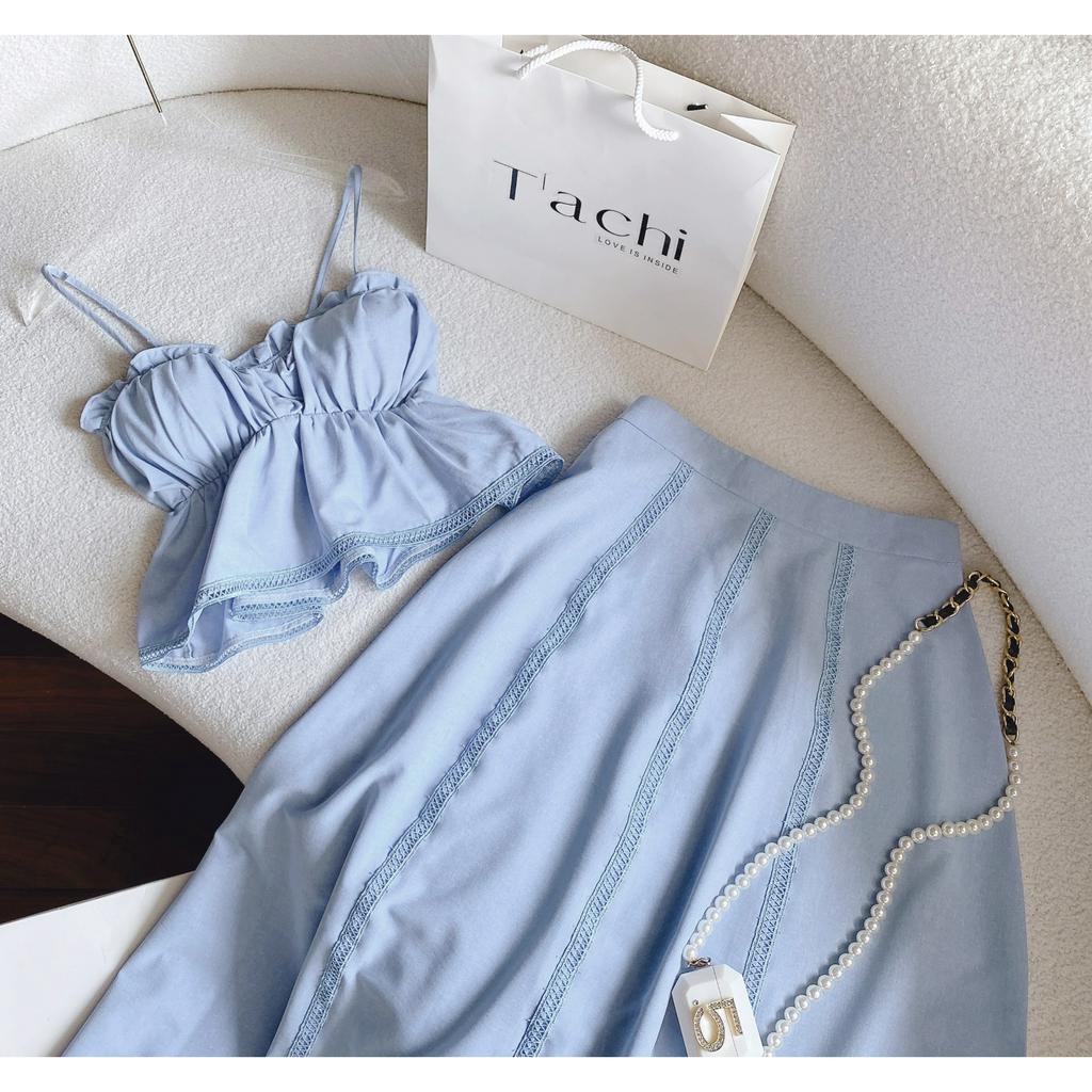 SET ÁO PEPLUM XANH BÈO 2 DÂY + CHÂN VÁY MIDI XÒE