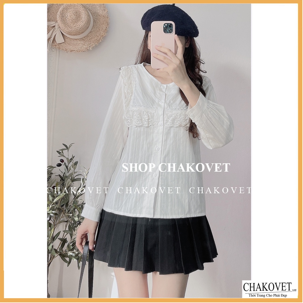 Áo sơ mi nữ dài tay màu trắng A875, kiểu áo nữ cổ tròn thiết kế 2 lớp ren ngực phong cách retro hàn quốc freesize <53kg | BigBuy360 - bigbuy360.vn