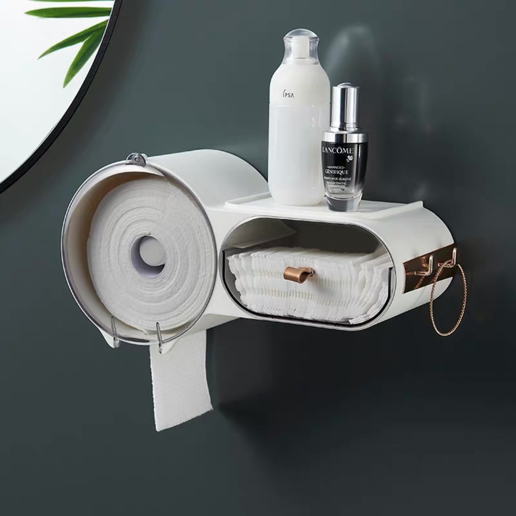 Kệ mỹ phẩm dán tường nhà vệ sinh kèm móc treo đa năng / ngăn kéo đựng bông tẩy trang / hộp đựng giấy rửa mặt