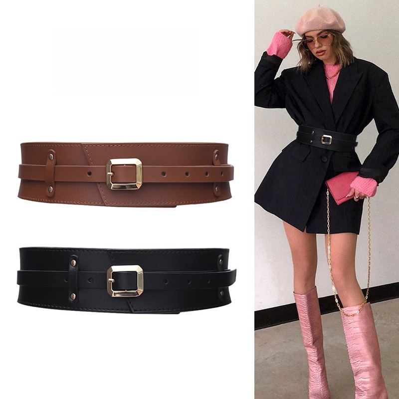 Thắt Lưng Da Pu Màu Đen Mềm Mại Khóa Kim Loại Thời Trang Cho Nữ