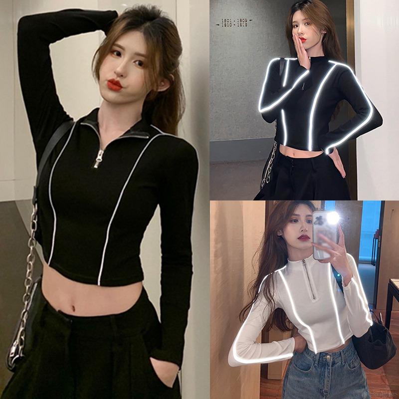 Áo Croptop Tay Dài Cổ Lọ Thiết Kế Khoá Kéo Thanh Lịch