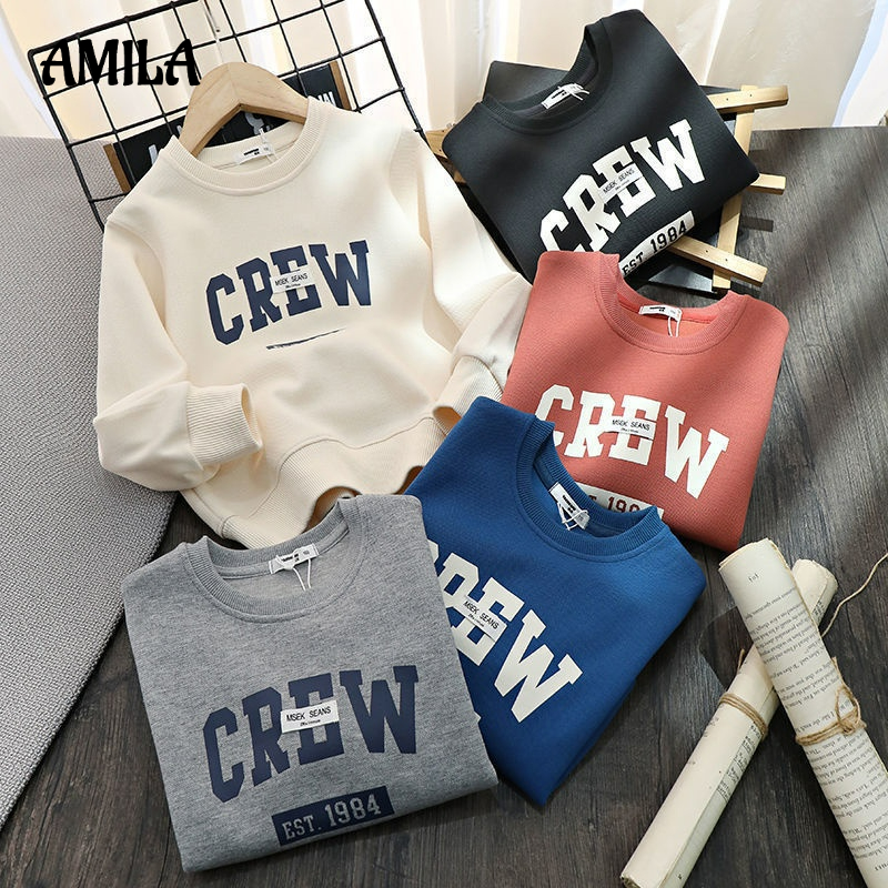 Áo sweater AMILA cotton nguyên chất dáng rộng in chữ phong cách mới dễ phối đồ cao cấp cho trẻ em