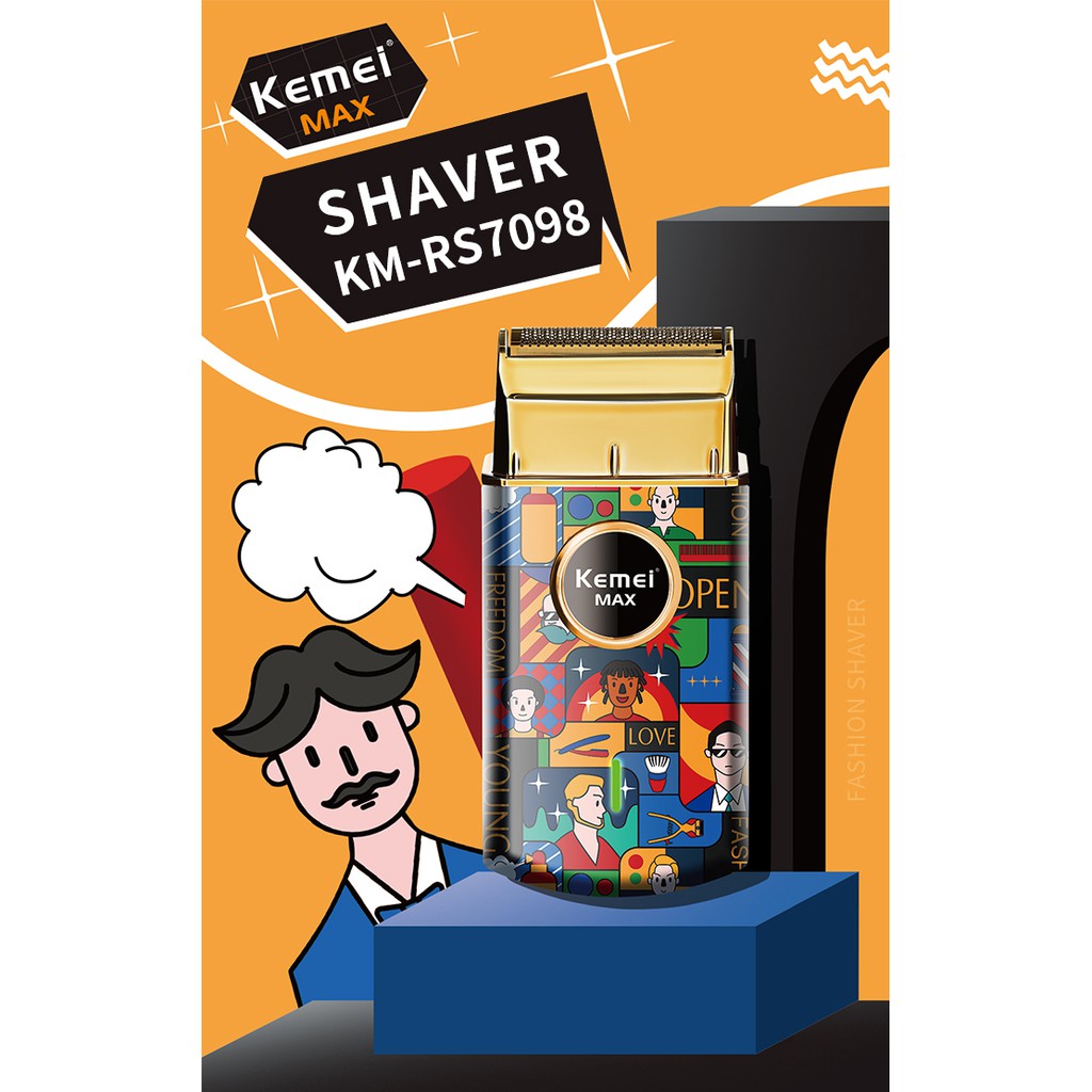 Tông đơ cạo râu Kemei Uno KM-RS7098 không dây pin Lithium-Ion họa tiết Graffiti cắt sát không có tia hồng ngoại