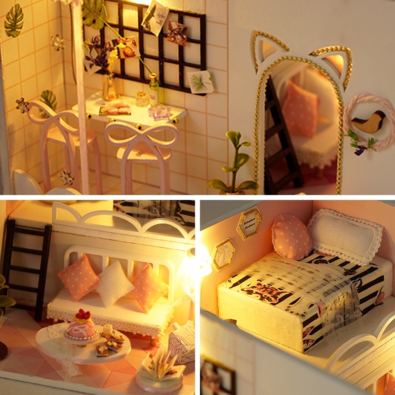 (Tặng mica,keo sữa,đèn)Mô hình đô chơi bé lắp ráp nhà búp bê diy doll house bằng gỗ TD22