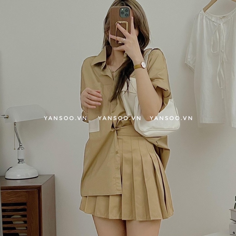 Áo somi thô from rộng túi hộp pha màu vàng kem vintage sinh viên by YANSOO