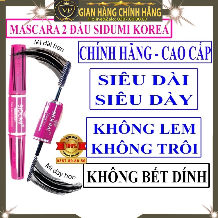Mascara chuốt mi 2 đầu chống nước tốt chính hãng Sidumi hàn quốc siêu dài và cong dưỡng mi cho lông mi chân mày lông mày