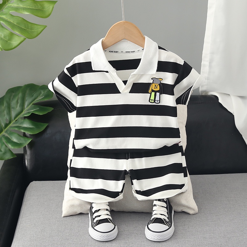 Bộ Áo Thun Cotton + Quần Short Họa Tiết Kẻ Sọc Và Gấu Hoạt Hình Dễ Thương Cho Bé 0-4 Tuổi