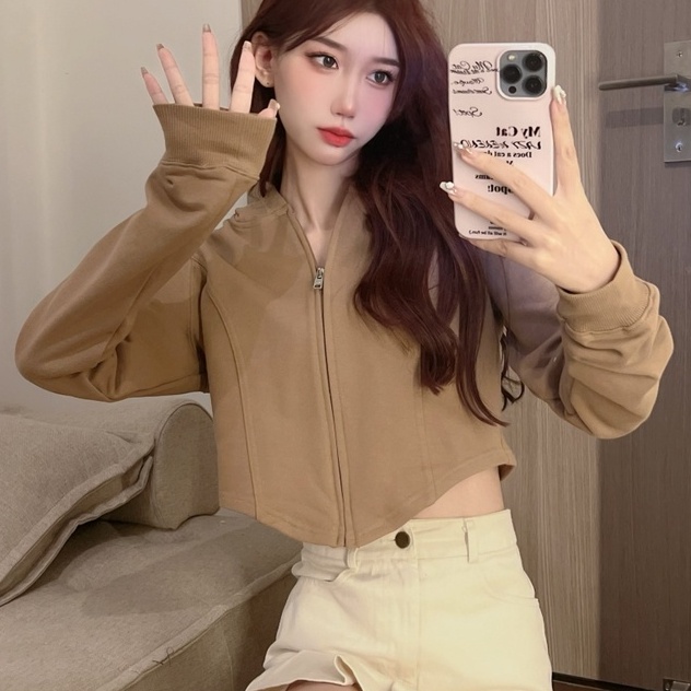 Áo hoodie ZHELIHANGFEI dáng ngắn tay dài phong cách quyến rũ thời trang cho nữ