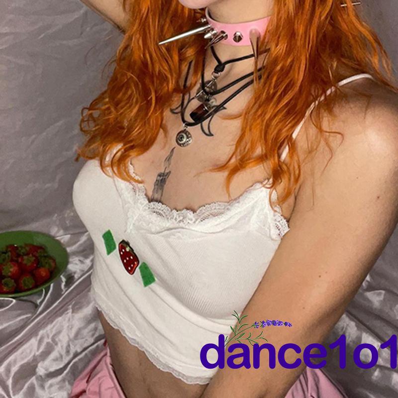 Áo hai dây cổ chữ V họa tiết dâu tây phối ren thời trang cho nữ