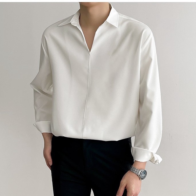 Sơ mi nam nữ cổ V vải lụa, form rộng Unisex nam nữ tay dài không có khuy phong cách Hàn Quốc mã ASM-01
