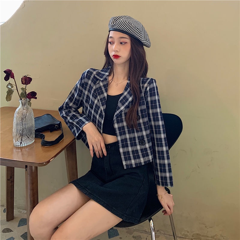 Áo Khoác Blazer Dáng Ngắn Họa Tiết Sọc Caro Thời Trang Hàn Quốc