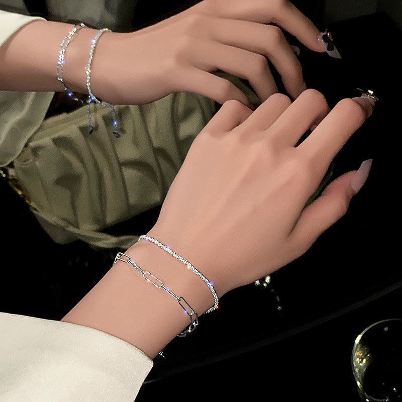 Bộ Trang Sức Vòng Cổ Nhẫn Vòng Tay Dây Xích Đôi Lấp Lánh Đơn Giản Cho Nữ