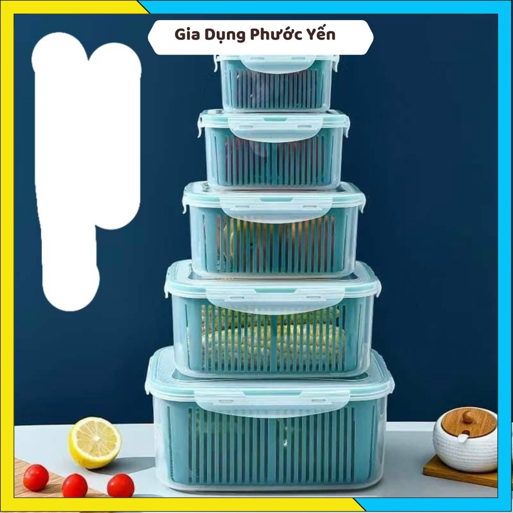SET 5 Hộp Kèm Rổ Có Nắp Đậy Hút Chân Không Đựng Thực Phẩm Để Tủ Lạnh