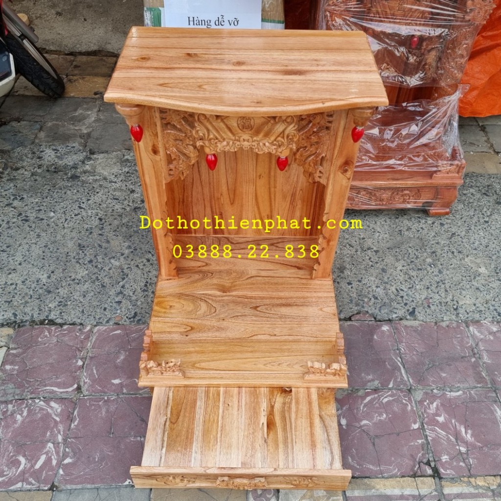 Bàn thờ thần tài ông địa gỗ xoan ngang 38 cm lọng mẫu mới