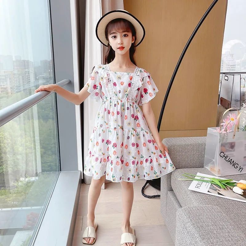Đầm công chúa vải chiffon tay ngắn in hoa thời trang mùa hè 2021 cho bé gái