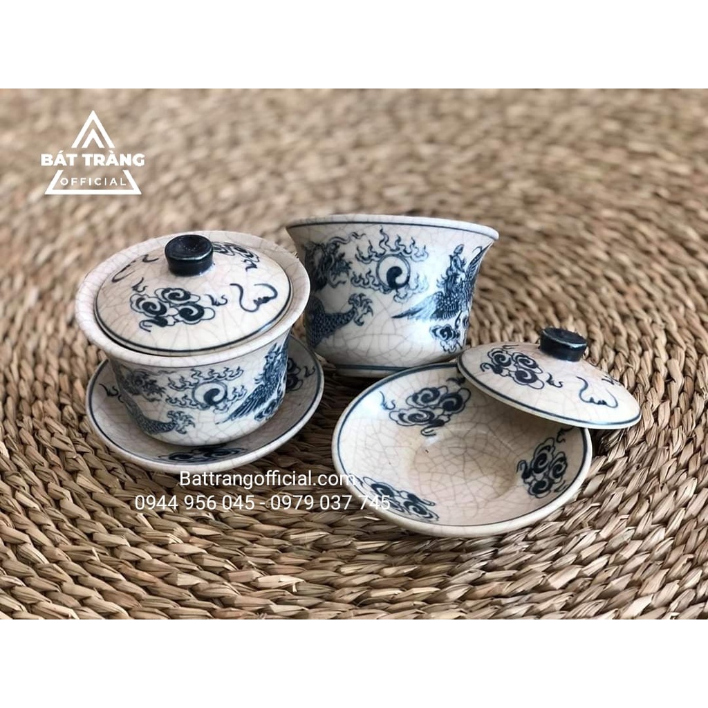 Bát sâm đựng trà có nắp men rạn đen Bát Tràng