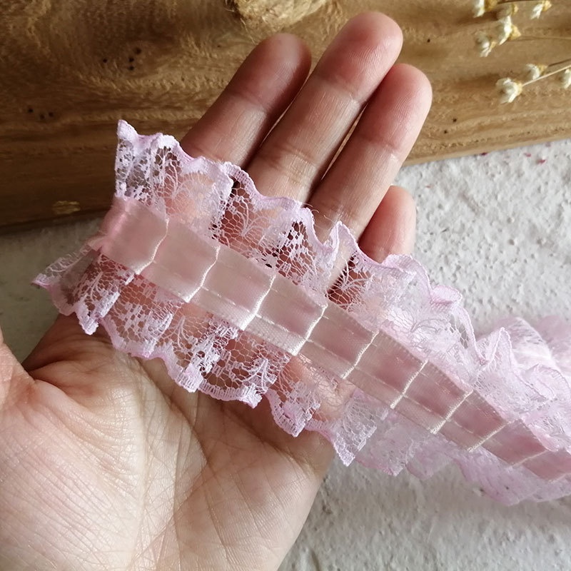 Dây ruy băng ren xếp ly rộng 4.5cm màu trắng/ đen dùng trang trí quần áo búp bê