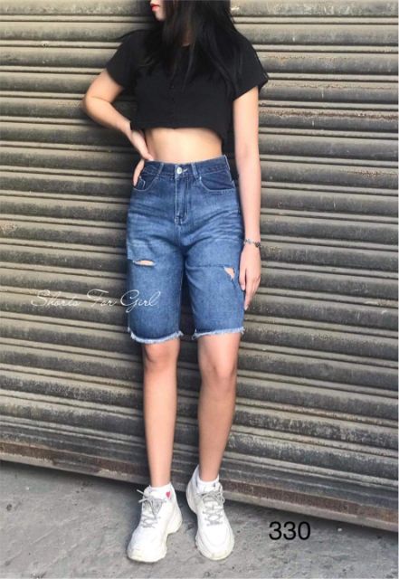 Quần ngố short jeans lửng rách bên xẻ màu đậm lưng cao form rộng kèm ảnh thật