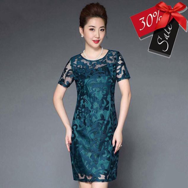 đầm váy nữ trung niên thêu ren mềm xanh, đỏ size S, M, L, XL (chat shop)