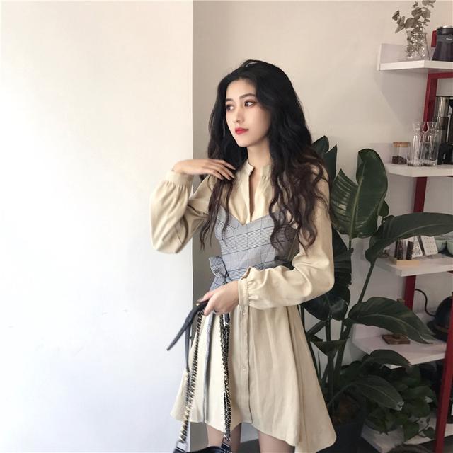 Đầm Tay Dài Giả Hai Mảnh Thắt Dây Eo Họa Tiết Kẻ Ô Vuông Thời Trang 2022 Mới Dành Cho Bạn Nữ