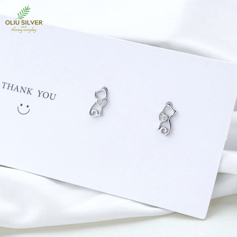 Bông Tai Bạc S925 Mèo Ôm Tim Dễ Thương | Khuyên Tai Nữ Trang Sức Bạc Thời Trang