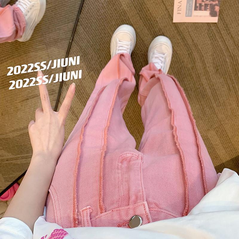 Quần Jeans Hồng Ống Rộng Lưng Cao Phong Cách Retro Thiết Kế Mới 2022 Cho Nữ